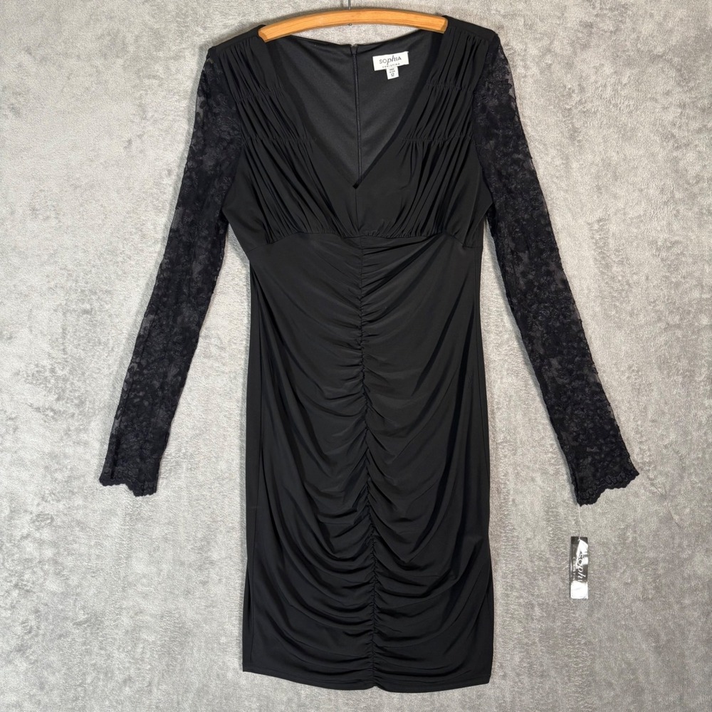 Sophia Christina Black Ruched Lace Long Sleeve V-Neck Sheath Dress Size 12 NEW